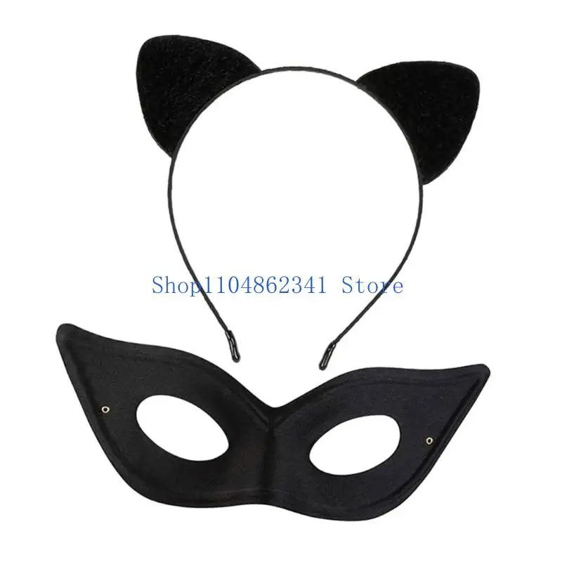 

5asd плюшевые черные кошачьи уши повязка для волос и маска набор для взрослых девочек косплей аксессуары для Хэллоуина