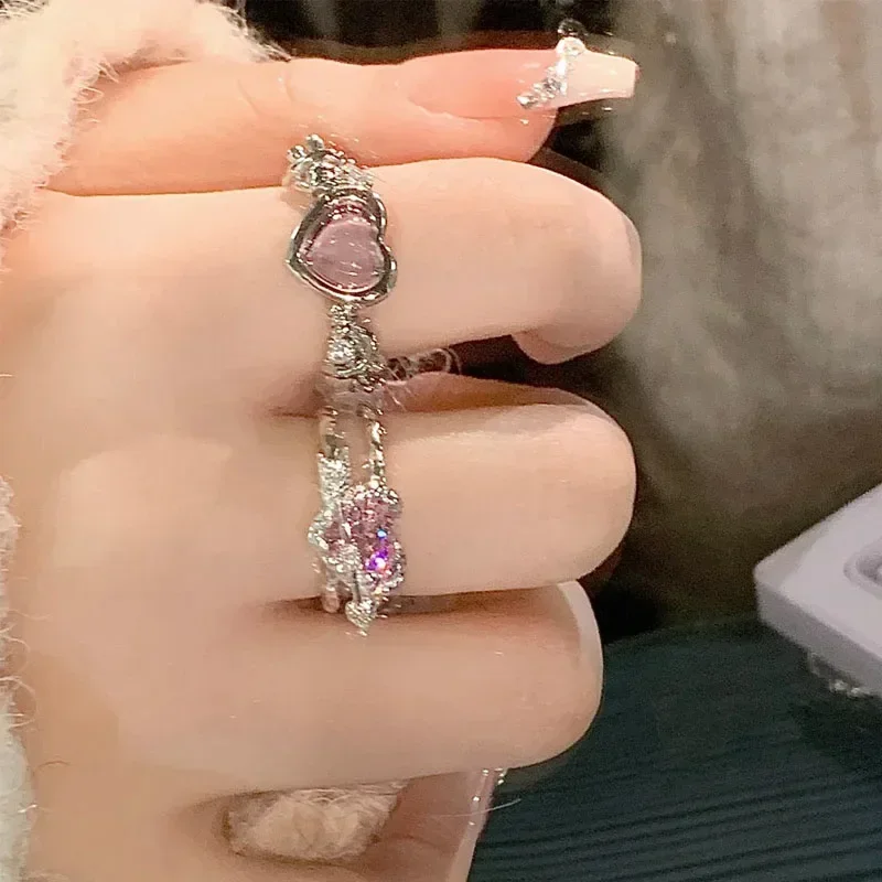 Adjustable Crystal Rings Y2K Pink Irregular Geometry Vintage Bowknot Heart Ring Set for Women Girl 2023 New Fashion Jewelry Gift