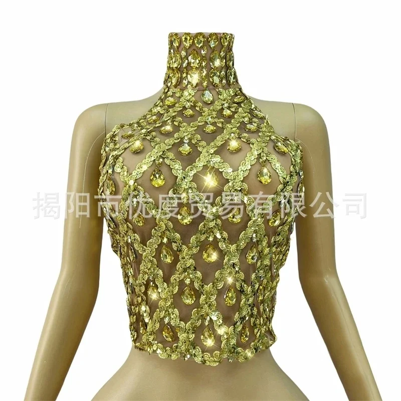 Women Sexy See Through Evening Party Birthday Wear Nightclub Stage Performance Costume Sparkly Gold Rhinestone Mesh Tops