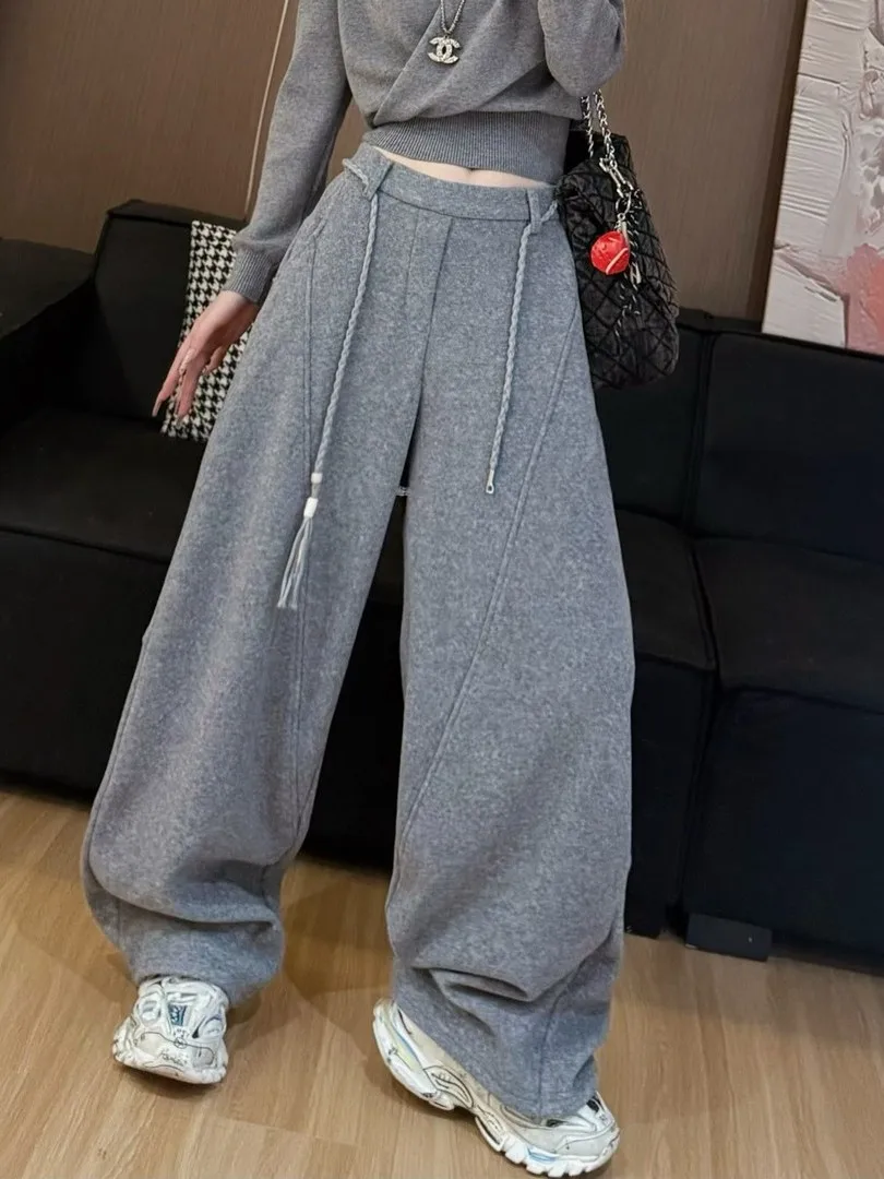 

Женские широкие спортивные брюки Thiened Fce с высокой талией, свободные, с поясом, осенне-зимние, прямые, длинные, для повседневной носки