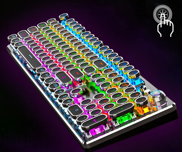 Macchina da scrivere retrò Steampunk RGB Tastiera cablata retroilluminata a LED Tasti rotondi punk Tastiera da gioco meccanica per PC desktop/laptop/Phon