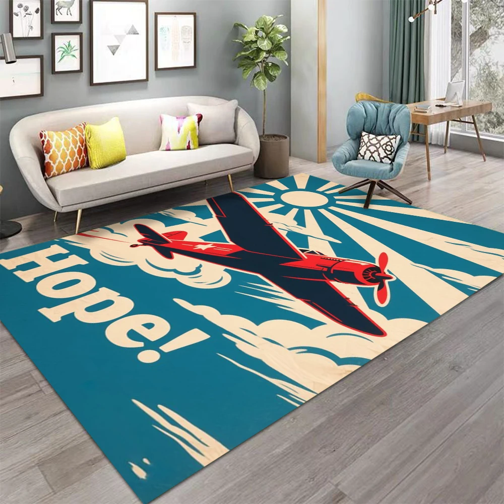 Aviator Theme Carpet Black Airplane Map Design Retro Compass Pattern Large Area Rug for Living Room Home Decor