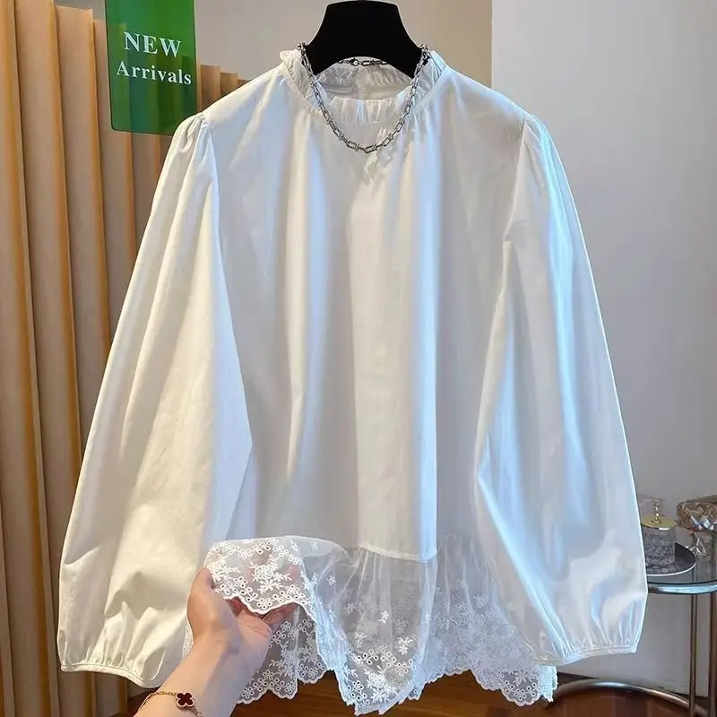 

White Lace Patchwork Blouse Women Loose O-neck Long Sleeve Casual Pullovers Summer Korean Fashion Solid Color Blusas De Mujer
