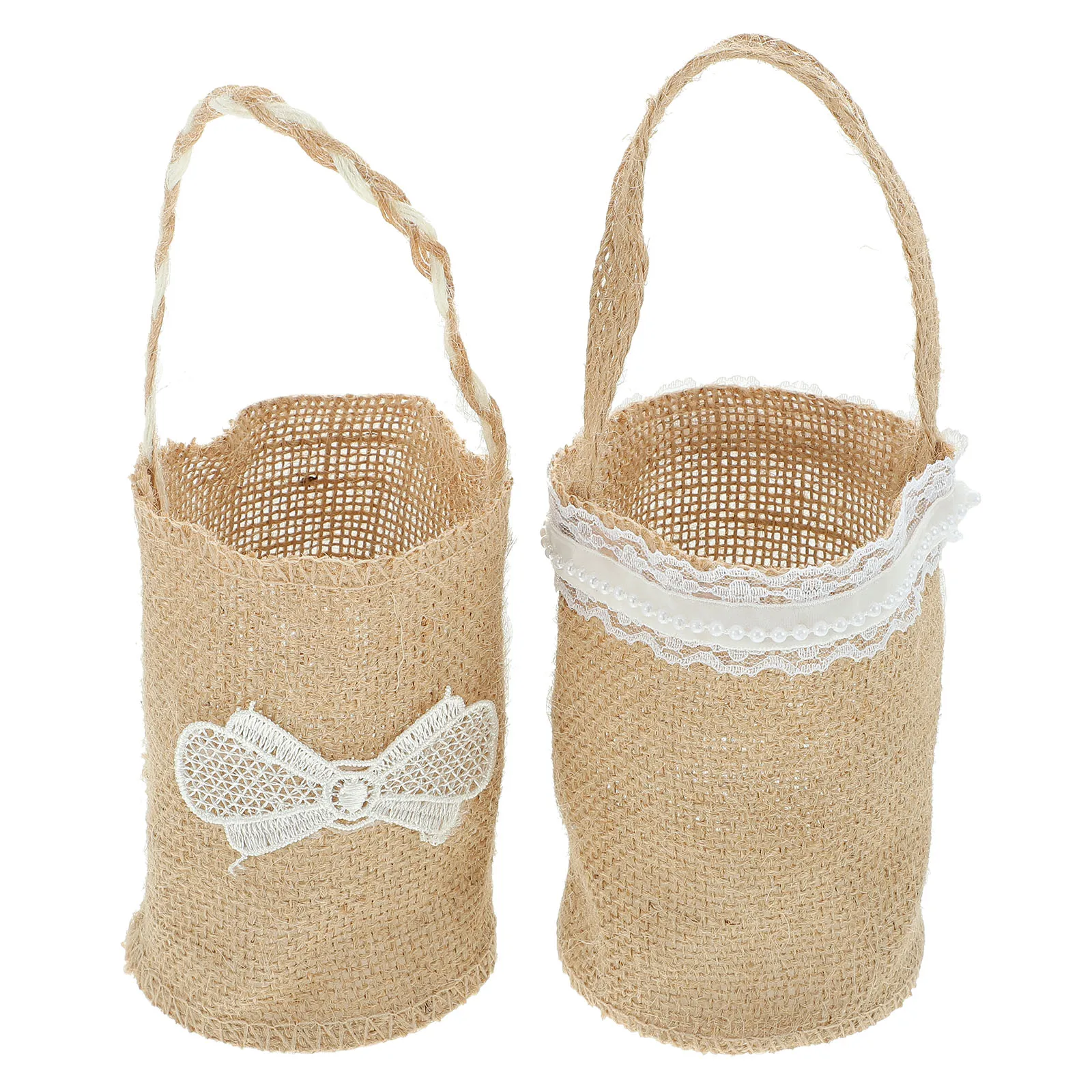 

2Pcs Flower Girl Basket Linen Baskets for Weddings Ivory Decor Gifts Rustic Burlap Storage Wedding Accessories