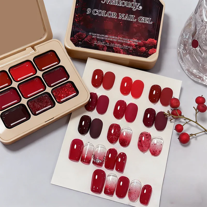 9色ワインレッド粘着性ソリッドネイルポリッシュセット - 新トレンド：トマトレッド、チェリーレッド、ソリッド9グリッドネイルポリッシュ