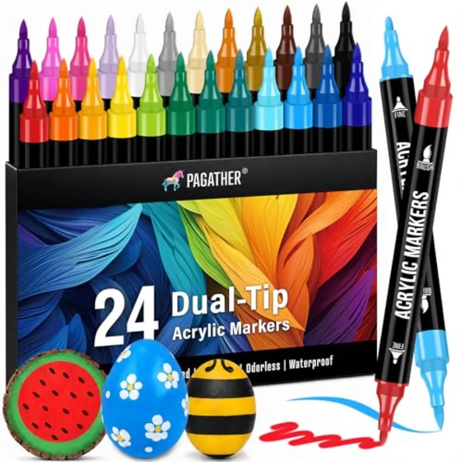

Acrylic Paint Markers, Dual Tip with Fine Tip and Brush Tip Pens for Stone, Wood, Calligraphy, Canvas, Ceramic, Metal, Glass, R