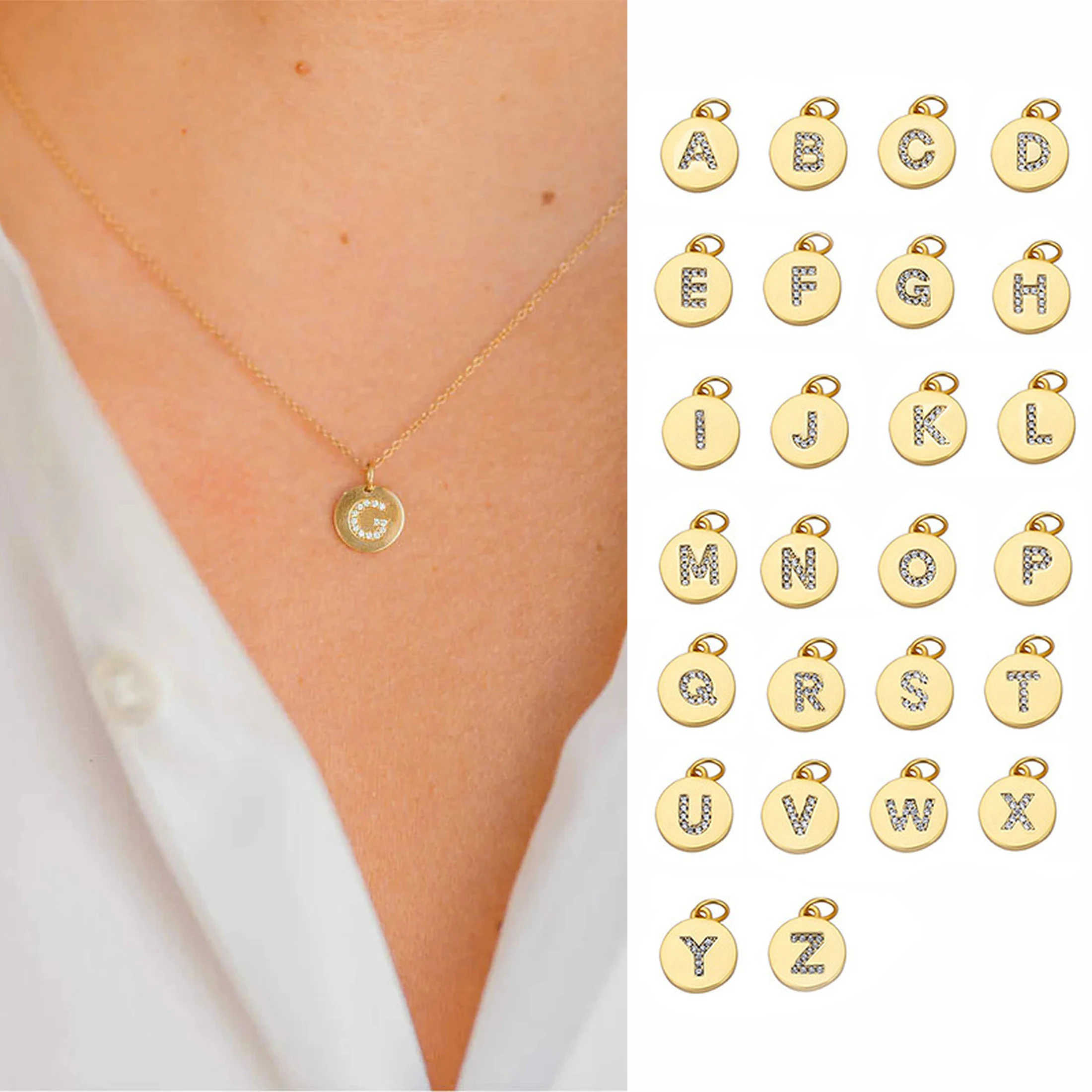 CARLIDANA Classic Minimalist Alphabet 26 Crystal Letter Charms Round Pendant Necklace Letter Stainless Steel DIY Necklace