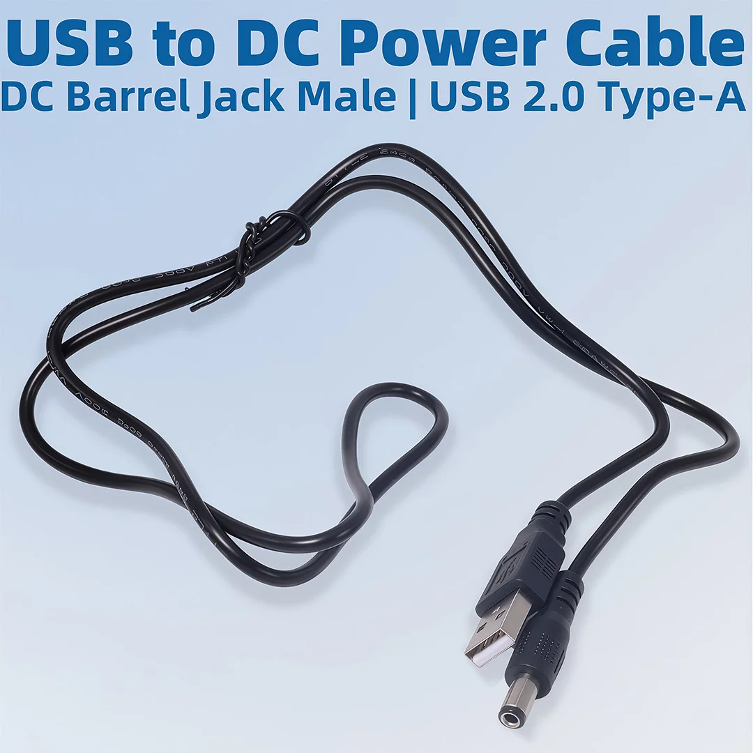 USB 2.0 To DC 5.5mm / 2.1mm 5.5 * 2.1 Mm 5.5x2.1 Tubular 5 Volt DC Barrel Jack Power Charge Cable 1m Elbow Right Angle Design