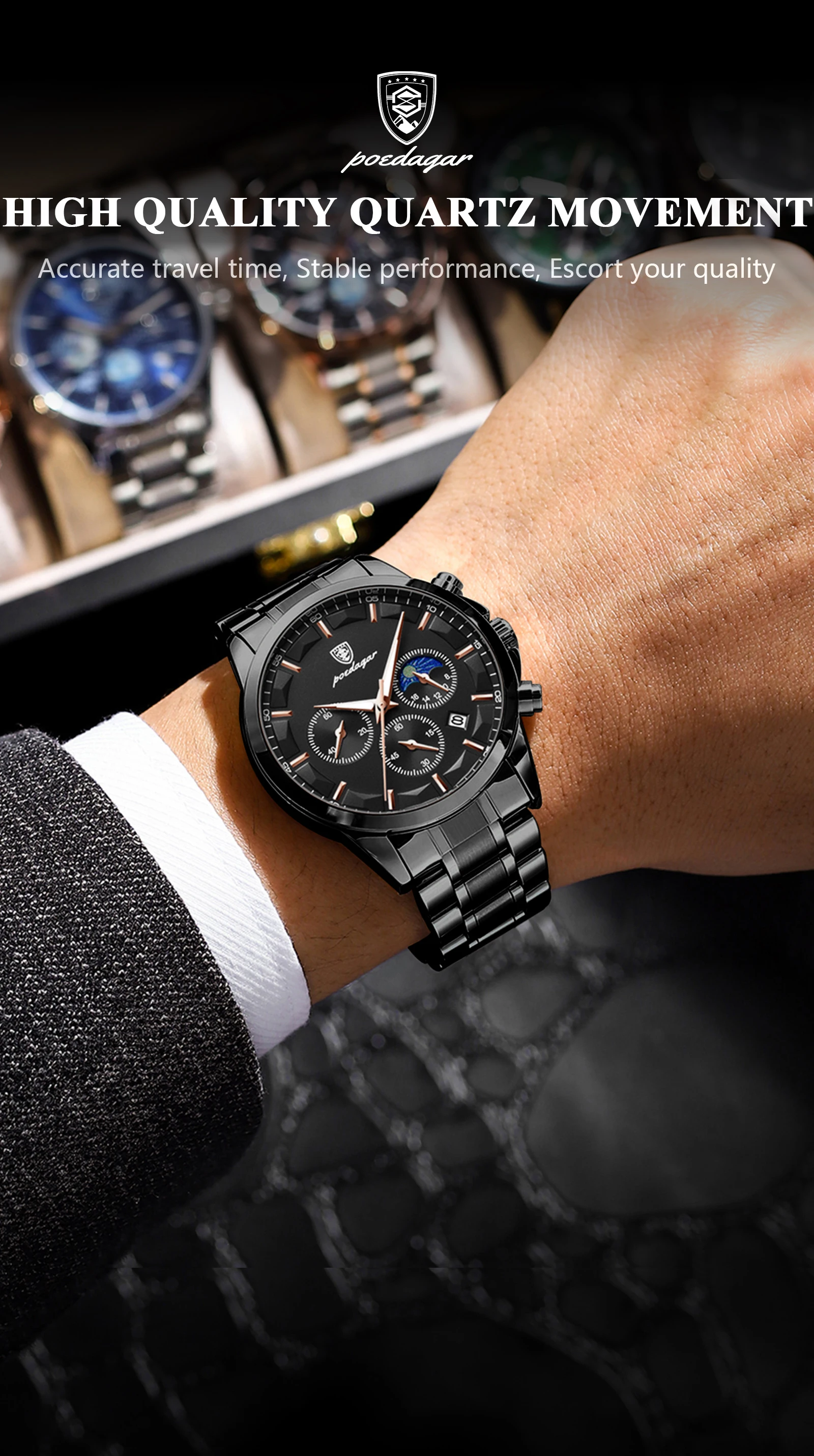 POEDAGAR Top Business Herrenuhren Wasserdicht Leuchtend Edelstahl Mode Herren Armbanduhr Chronograph Datum Herren Quarzuhr – Detail 3