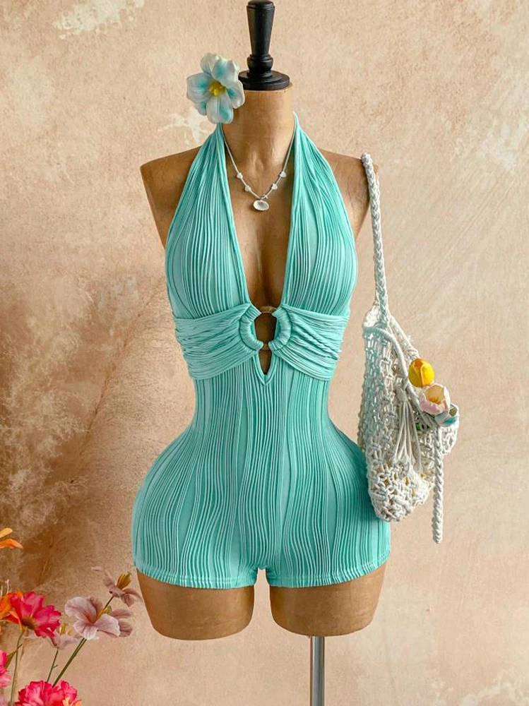 Damen Neckholder-Overall mit tiefem V-Ausschnitt, Ring-Ausschnitt, strukturiertem Rippenstoff, kurzer Jumpsuit, ärmelloser Bodycon-Playsuit, Sommer-Party-Outfit – Detail 10