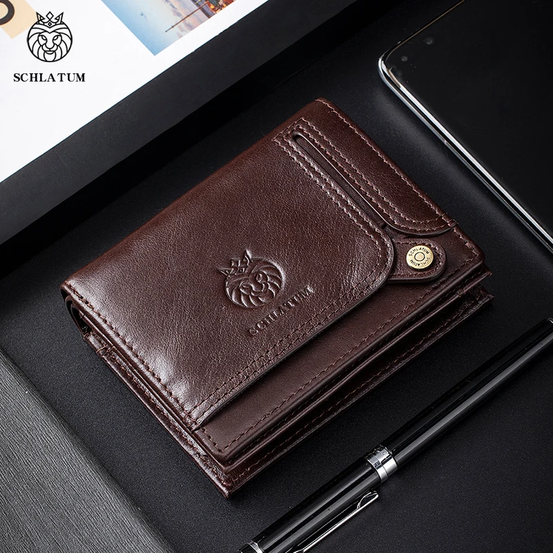 SCHLATUM Genuine Leather Men RFID Blocking Short wallet Vintage Men's vertical money clip Fashion man Credit Card Holder Wallets