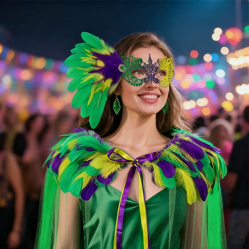 

2Pcs/Set Carnival Costume Kit With Cape Feather Half Face Mask Cape Masquerade Party Stage Performance Cosplay Green Tulle Shawl