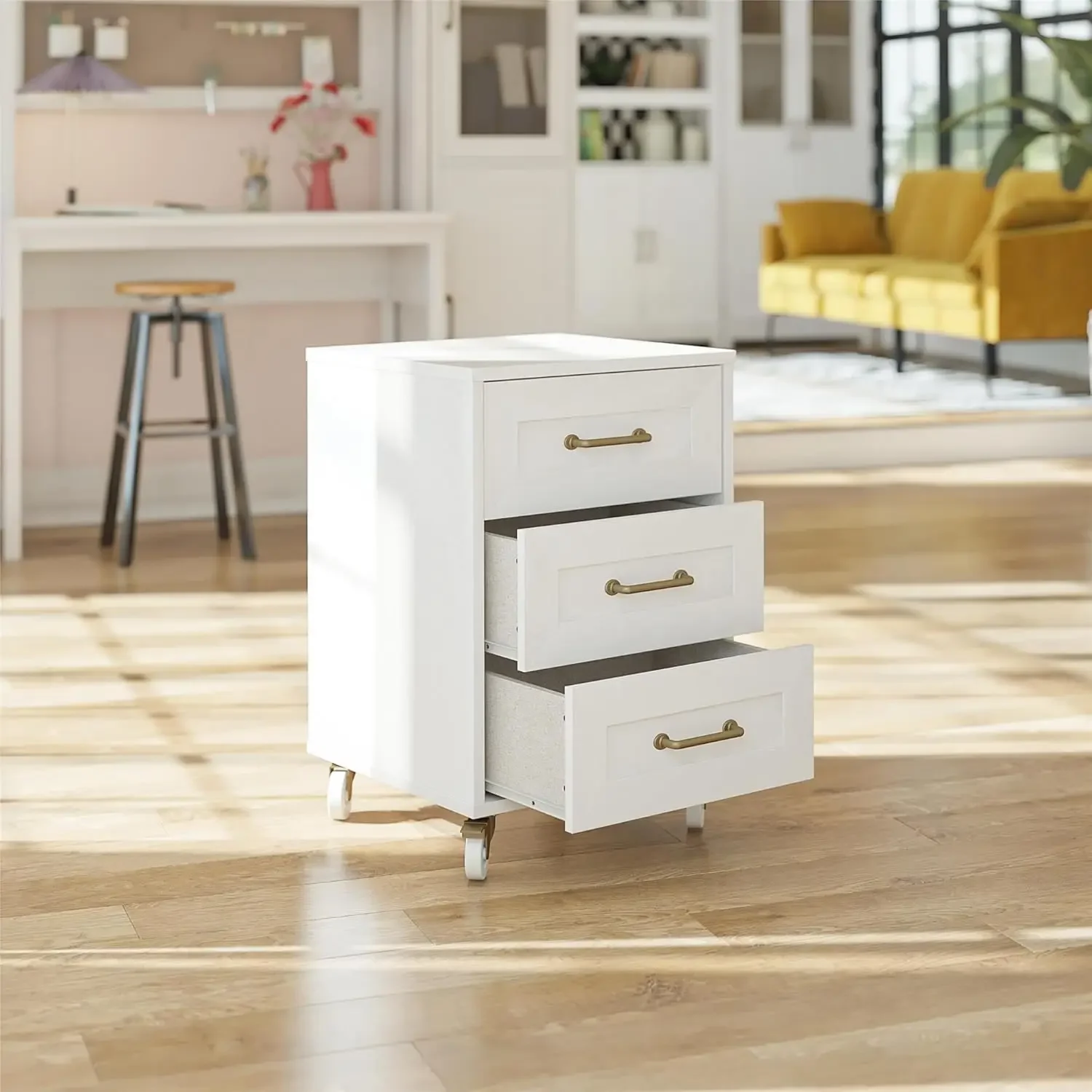 Tess 3-Drawer Rolling Cart with Locking Casters Modular Storage Options Ivory Oak