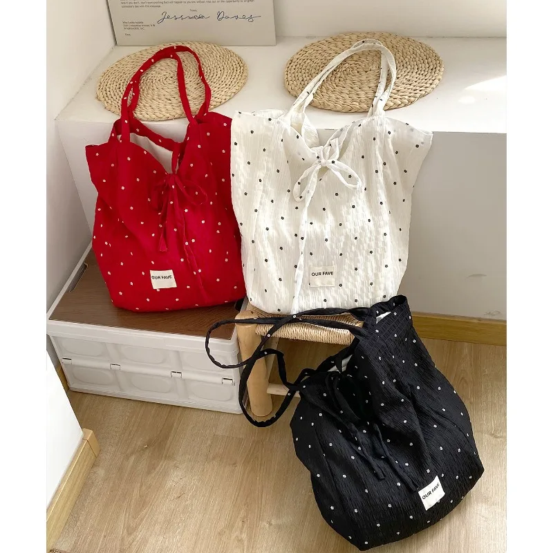 

Sweet French Print Floral Shoulder Bag Korean Fashion Casual Dot Style Chiffon Student Girl Bag Large Capacity Cute Commuter Bag