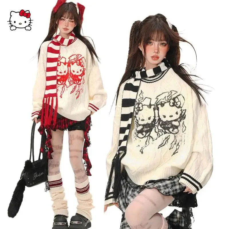 

Sanrioed мультфильм Hello Kittys свитер с круглым вырезом, новинка зимы Y2K, милые свободные пуловеры для девочек, женские свободные вязаные топы с длинными рукавами