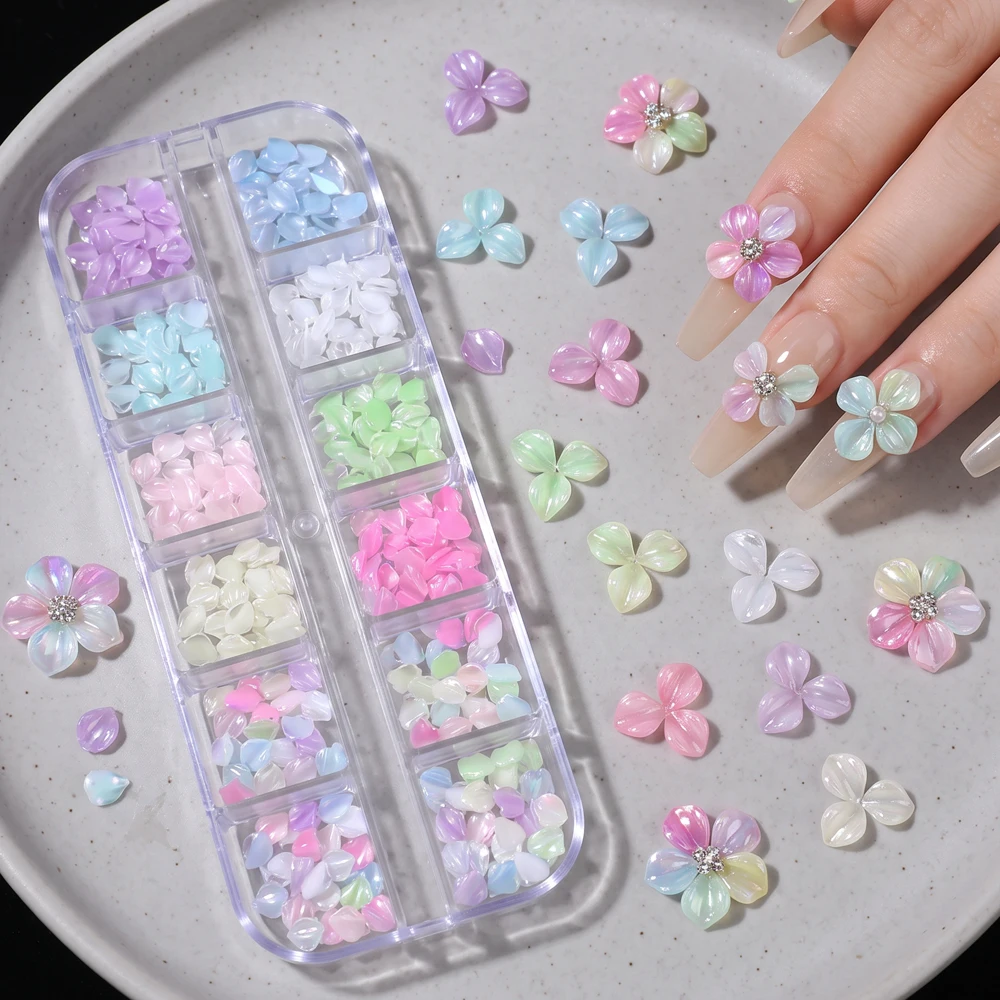 12Grids/box Crystal Petal Nail Art Charms 3D Colorful Ice Transparent Flower Nail Rhinestones Mixed Resin Floral Petals Nail Dec