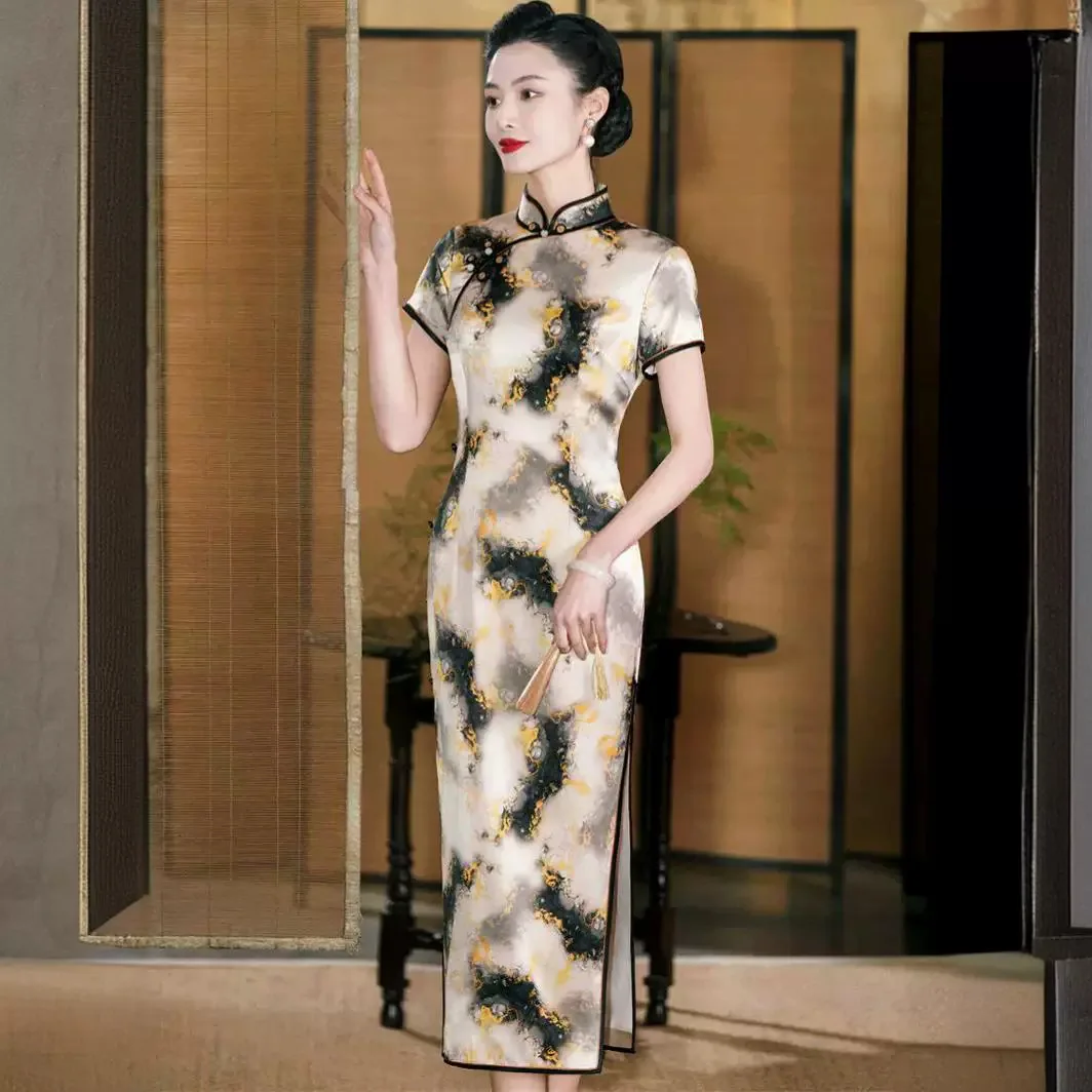 Old Shanghai Real Silk Cheongsam Qipao Summer Female 2024 New Retro Chinese Style Improved Dress Long