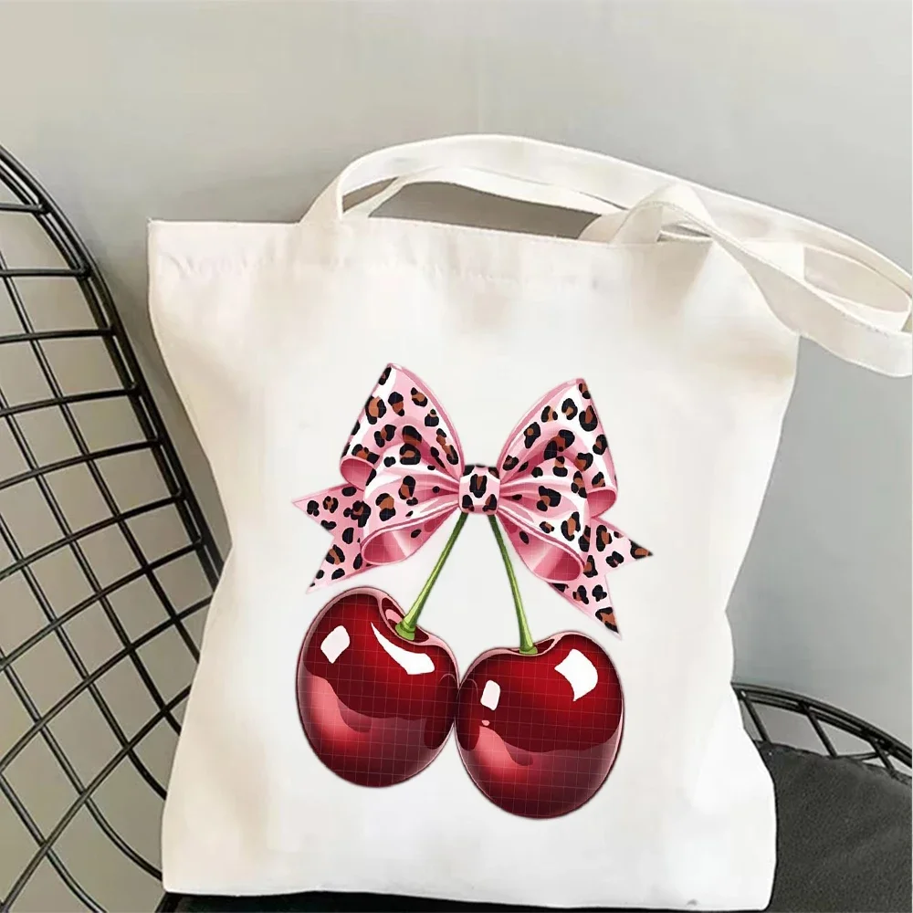 1pc Cherries Print Canvas Tote Bag Shoulder Bag with Cherry Graphic Reusable Grocery Handbag for Students and Women Daily Use
