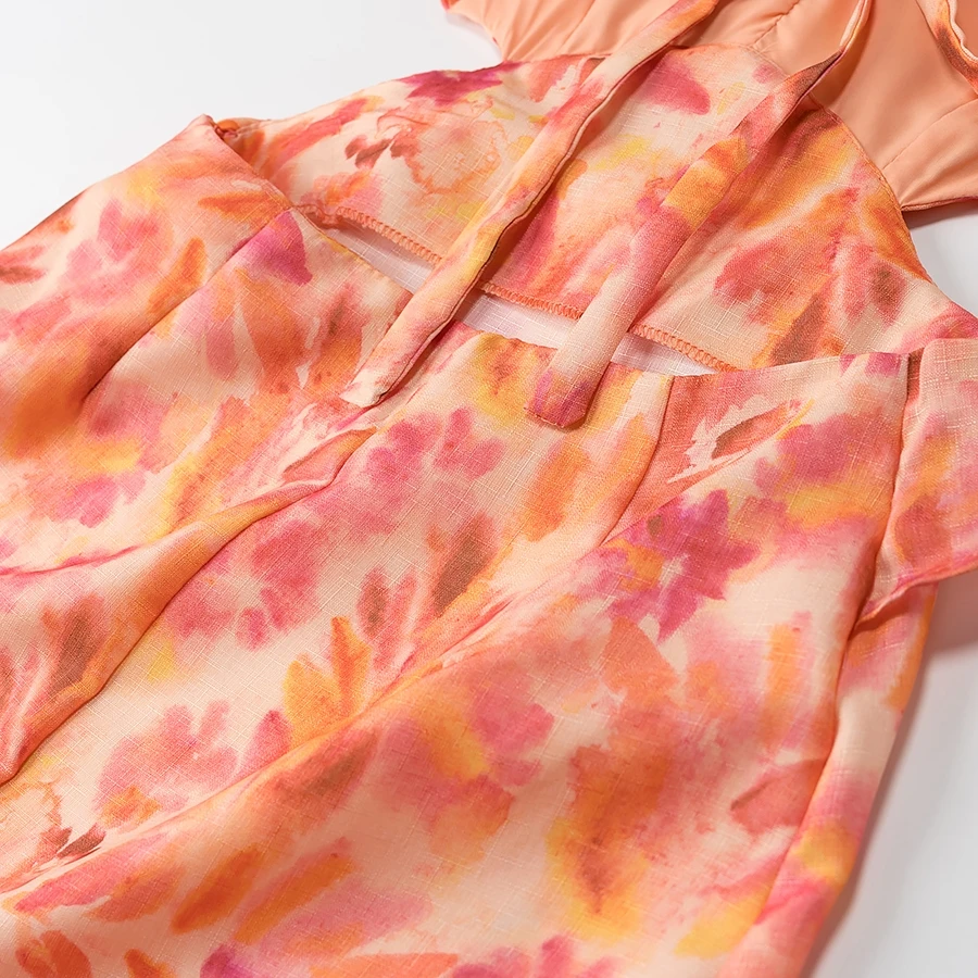 Vestido midi e em camadas com decoração, estilo f de primavera, cintura alta, manga voadora em fibra de poliést...