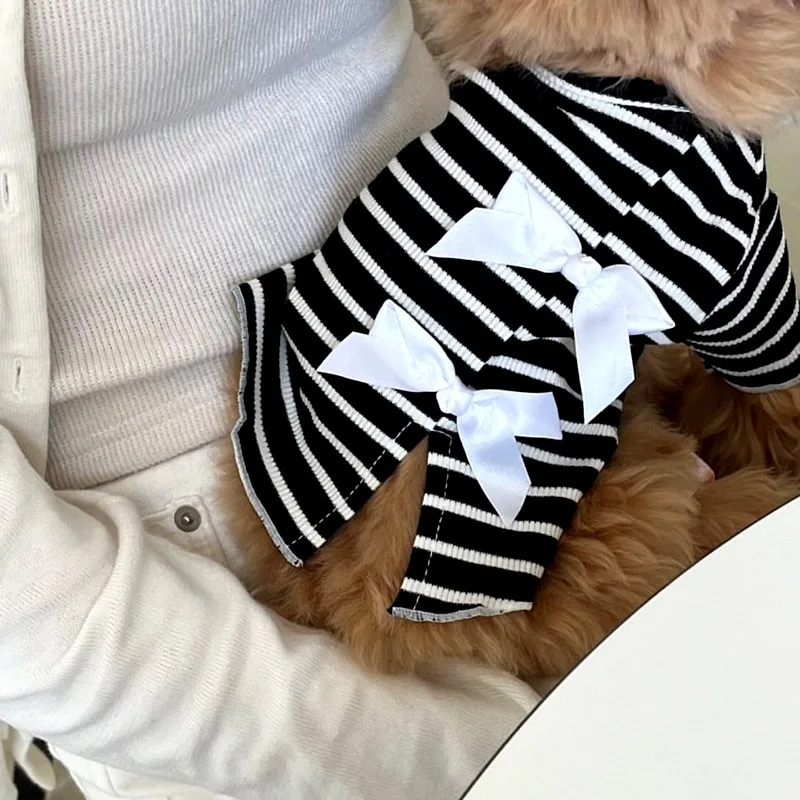 

Japanese Style Pet Vest Black Stripe Dog Clothes Summer Teddy Bowknot Pullover Pomeranian Cute Two Legs Clothes
