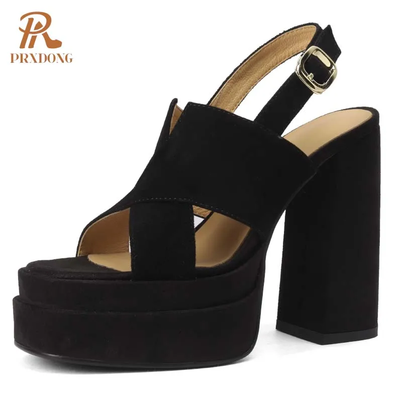 PRXDONG 2024 New Fashion Summer Chunky High Heels Platform Genuine Leather Black Apricot Dress Party Lady Sandals Size 34-39