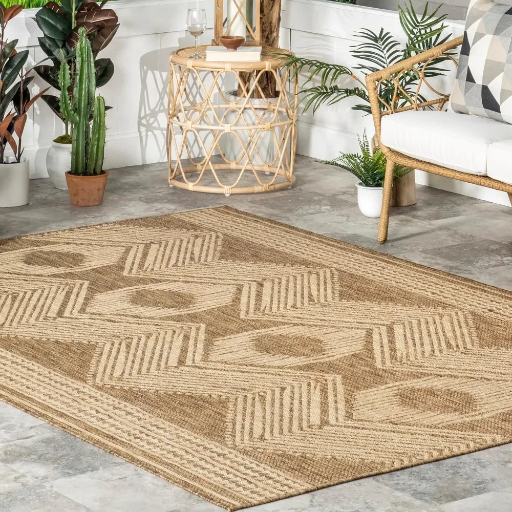 

8x10 Outdoor Area Rug, Light Brown, Geometric Design, Stain Resistant, Highly Durable, Outdoor Area Rug