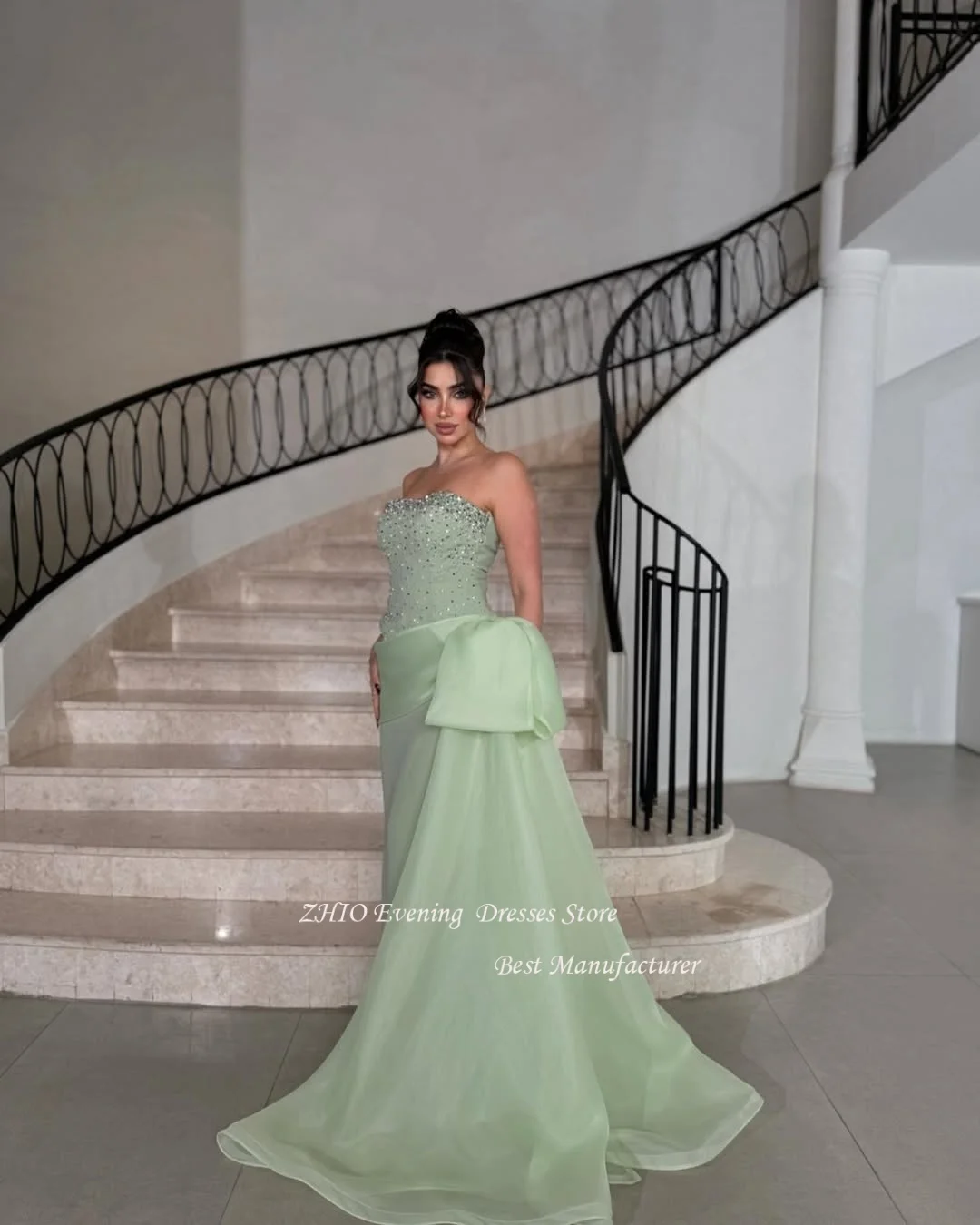 ZHIO-vestido de noche de lujo con lentejuelas de Organza verde, sin tirantes, línea A, plisado, vestido de fiesta largo, cola de barrido, vestido de graduación personalizado