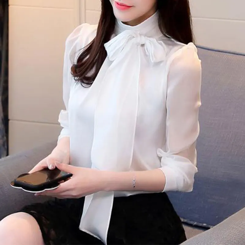 Women\'s Autumn New Style Korean Fashion Simplicity Bow Long Sleeve Chiffon Shirts Women Clothes Casual Elegant Temperament Tops