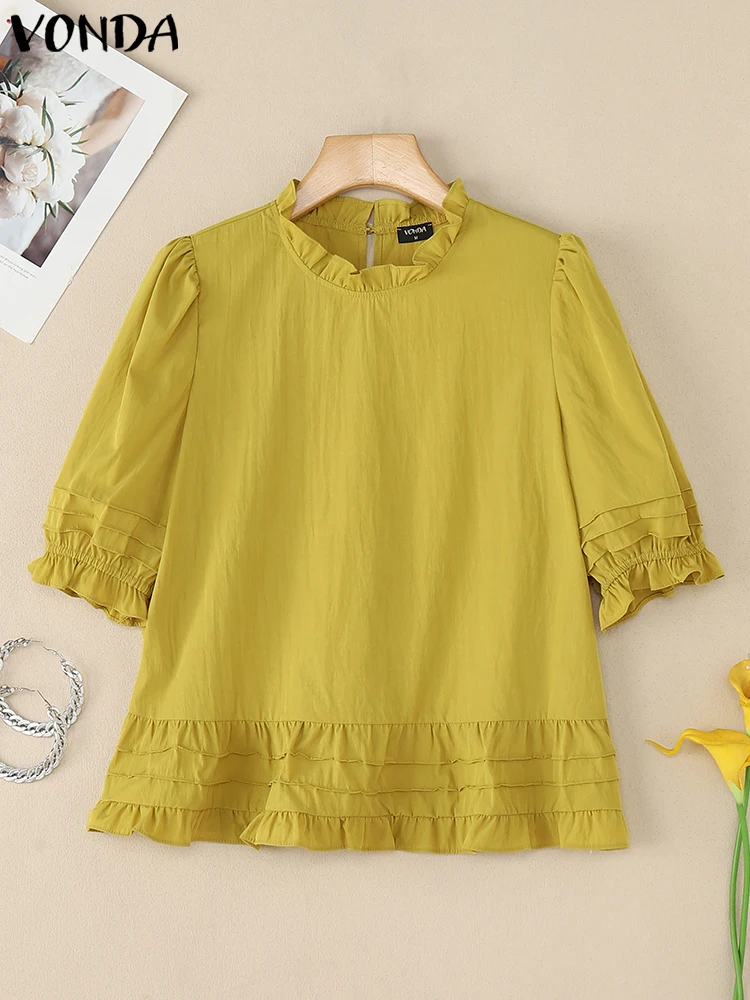 韓国風Oネックトップス レディースブラウス 2025 VONDA 半袖シャツ エレガントなフリル付きチュニック カジュアル ルーズ 無地 パフスリーブ ワークブラウス