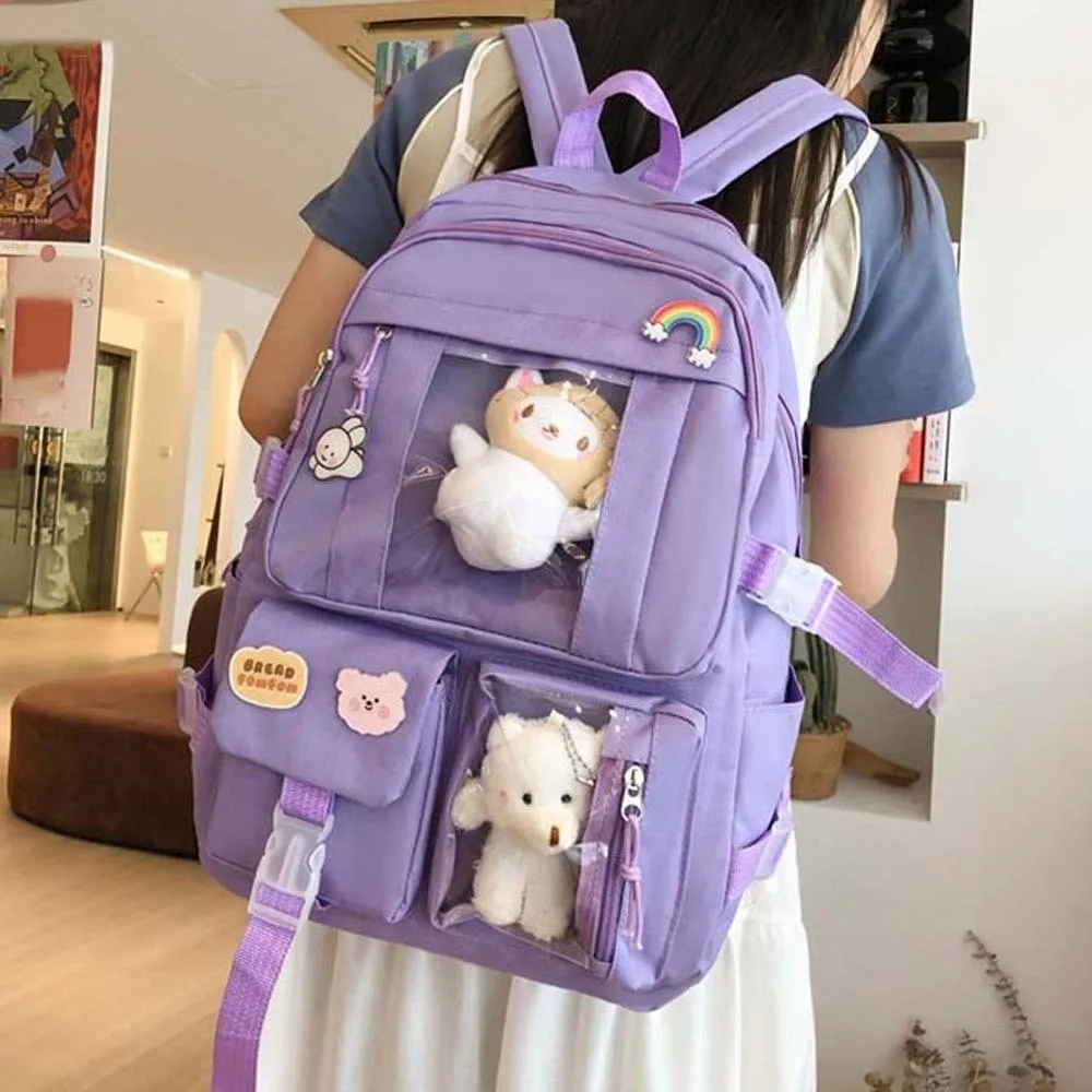 

Solid Color Nylon Ita Backpack Durable with Cartoon Pins Students School Bag Dust-proof with Large Capacity Daypack School