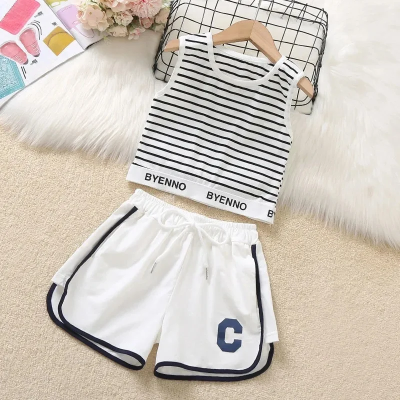 

Girls Striped Tank Top Sets Summer Lightweight Casual Suits Children Short-Sleeve Vest+Shorts Trendy Kids Fashion Sports 2Pcs