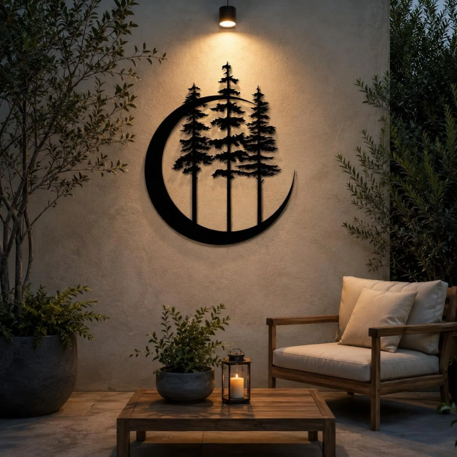 Crescent Moon With Pine Trees Metal Wall Art Sculpture For Nature Inspired Home Decor And Outdoor Patio Accent