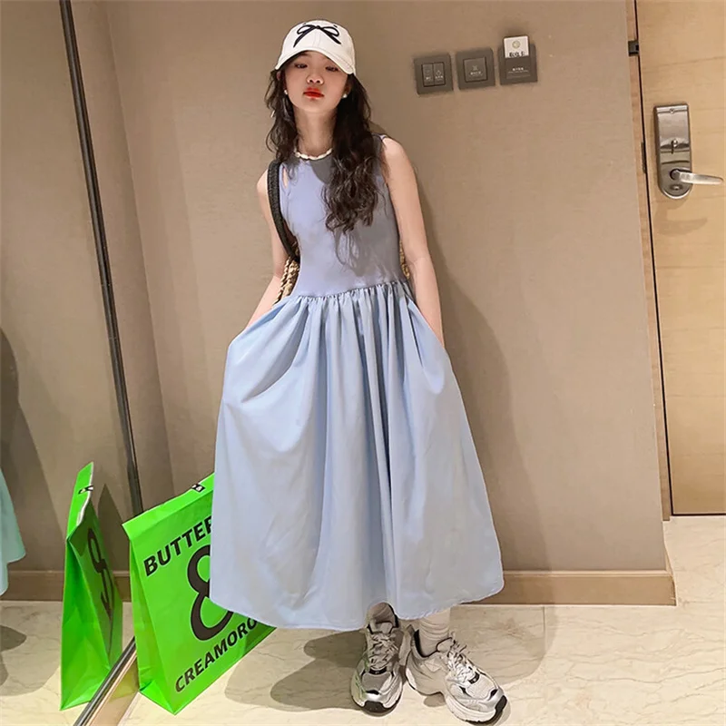 Girls Summer Dress 2024 new CuHK children Korean version of the foreign style Hepburn hollowed out blue princess dress sleeveles