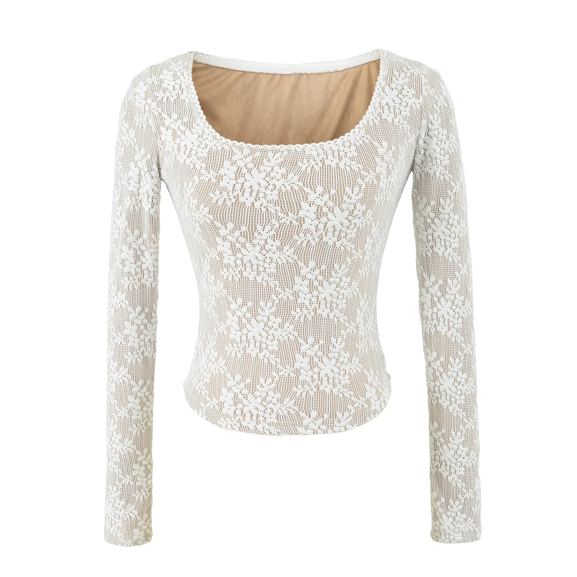 Spring Autumn Sexy Women Bow O neck Perspective Lace Long Sleeve Tee O neck Crop Top Stretch Slim Fit T-shirts White Black