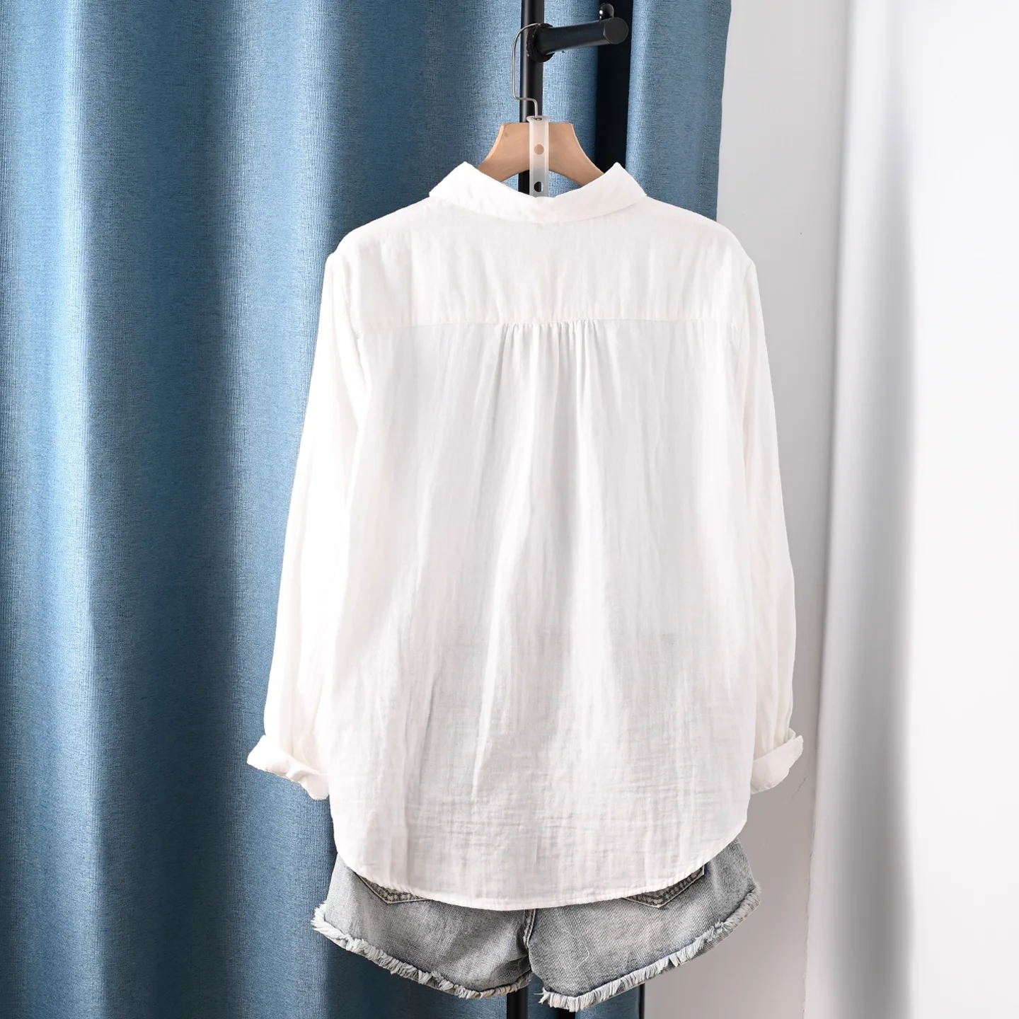 Enianechu Donna elegante Top Design originale Stampa blu Camicie bianche Camicette a maniche lunghe in cotone 100% Abbigliamento da donna di lusso