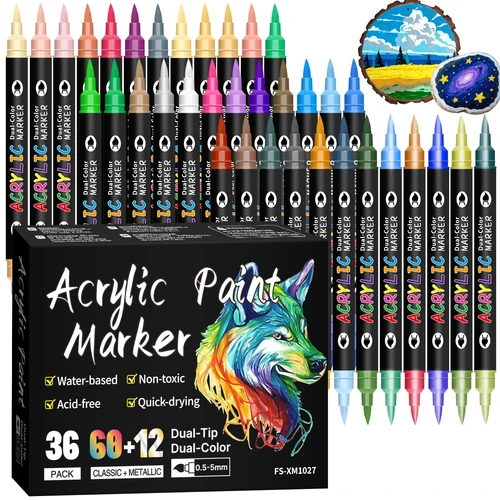 Imagen 1 del producto Rotuladores de pintura acrílica de 24/48/72 colores, puntas dobles de doble Color para pintura rupestre, lienzo, madera, vidrio, cerámica, tela, plástico, pincel suave