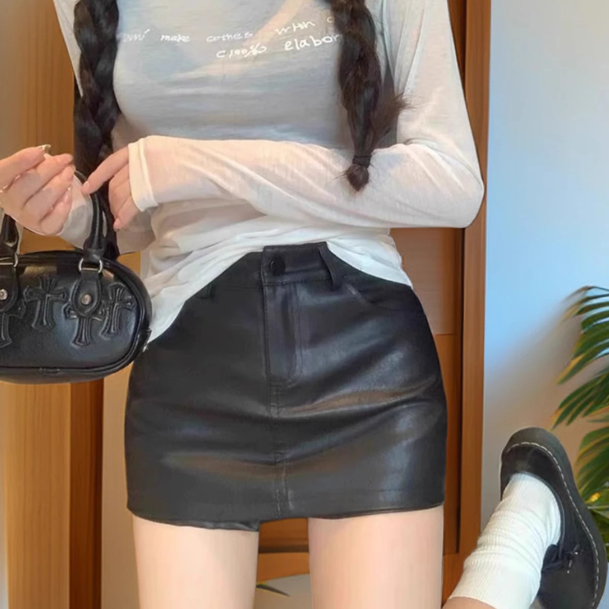 

Черная кожаная юбка с высокой талией из ПУ, облегающая, сексуальная, укороченная, А-силуэт, для женщин, осенне-зимний модный тренд