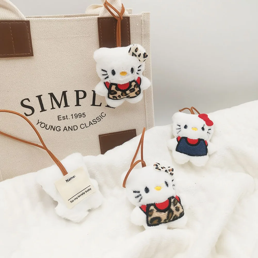 Hello Kitty Plushies Cartoon KT Cat Name Tag Pendant Bow Leopard Print Plush Keychain Bag Accessories Doll Genuine Girls Gift