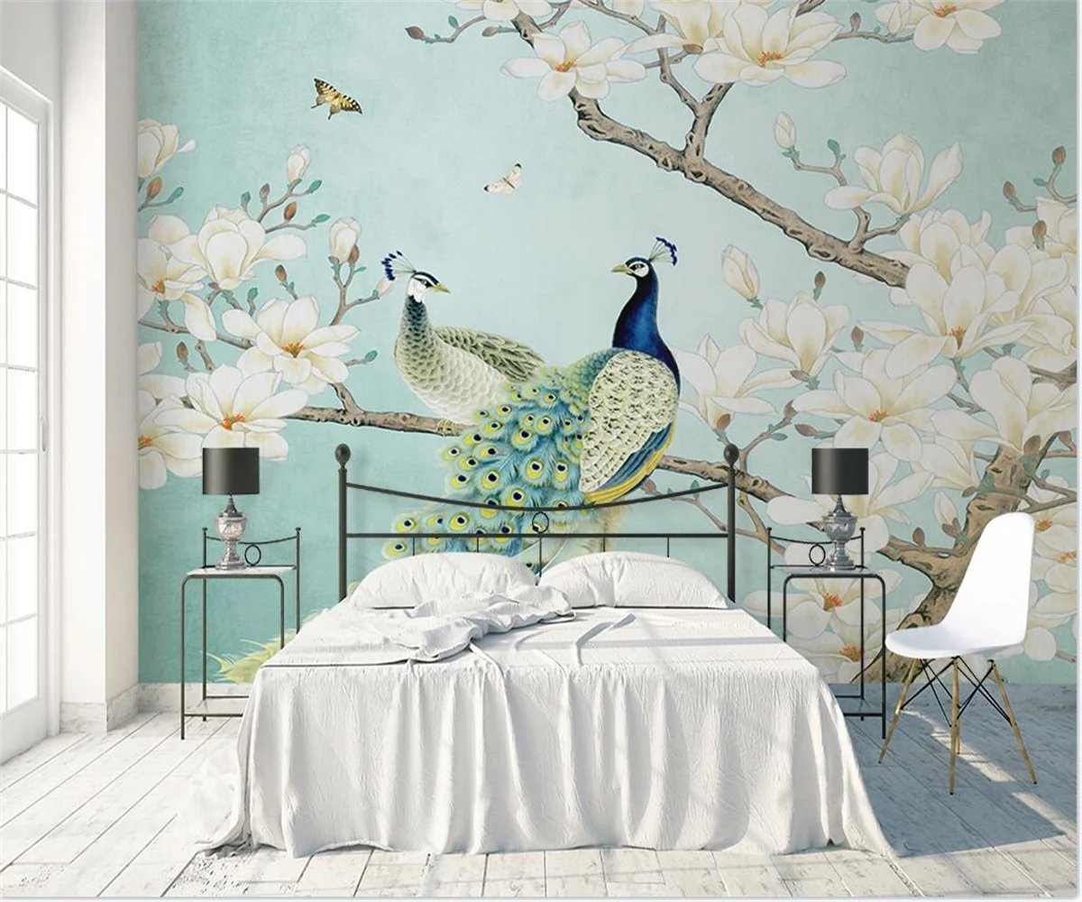 Custom any size Chinese style peacock magnolia flower and bird painting 3D Wallpaper Mural for Child Kids Room flowers wallpaper