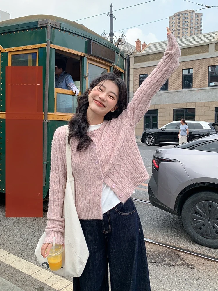 

Розовый вязаный кардиган с круглым вырезом и узором «косы» для женщин, весна 2026, новинка, красивый свитер-топ, милый, с длинными рукавами