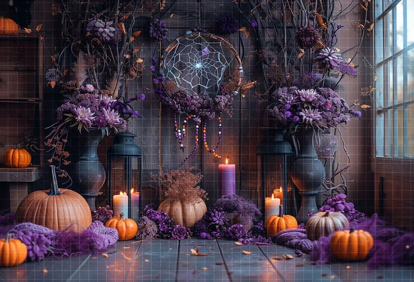Fondo de fotografía Mehofond Boho Interior Halloween flor púrpura calabaza niños cumpleaños retrato decoración telón de fondo estudio fotográfico