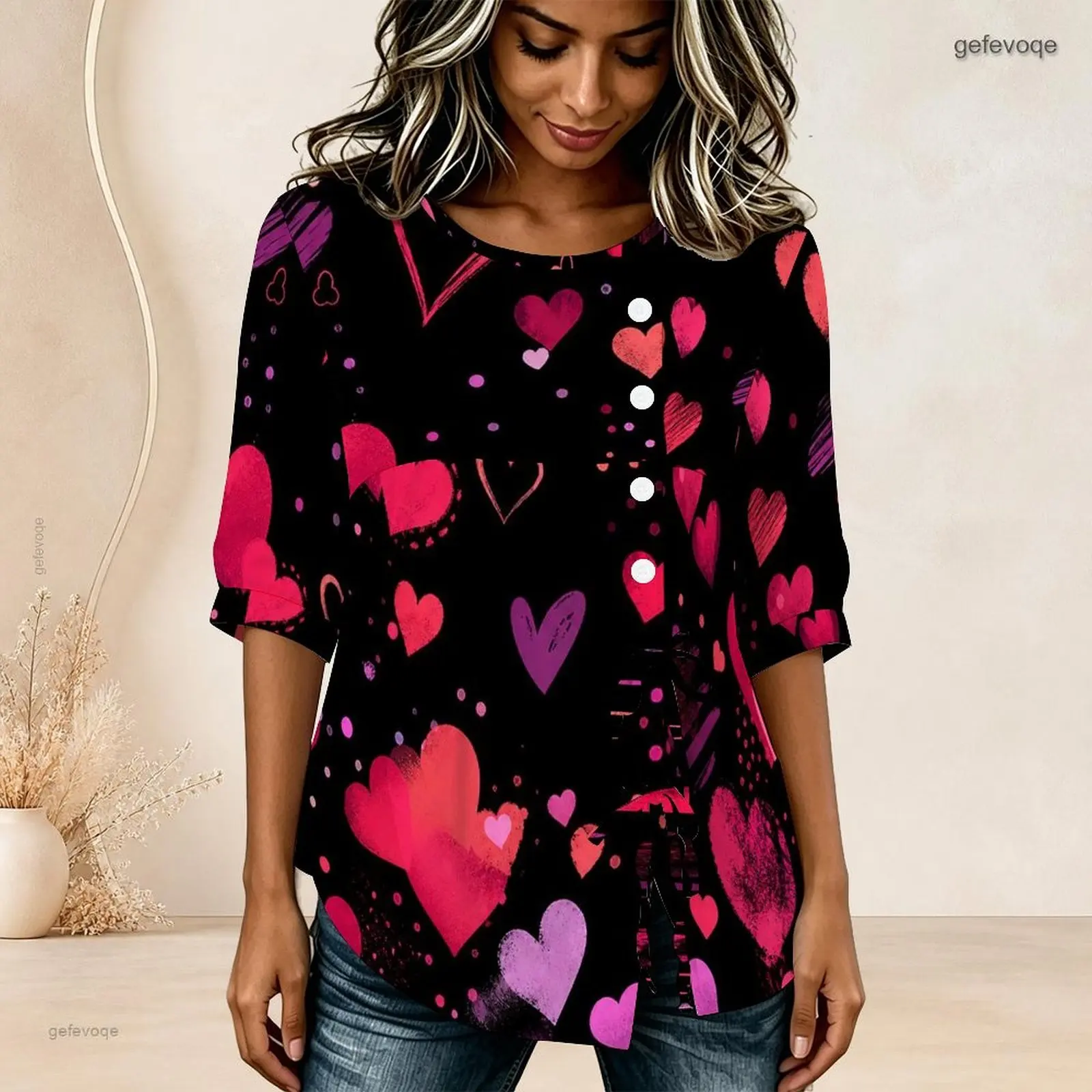 Round Neck Half Sleeve Gathered Front Button Detail Tie Hem Printed Blouse for Women