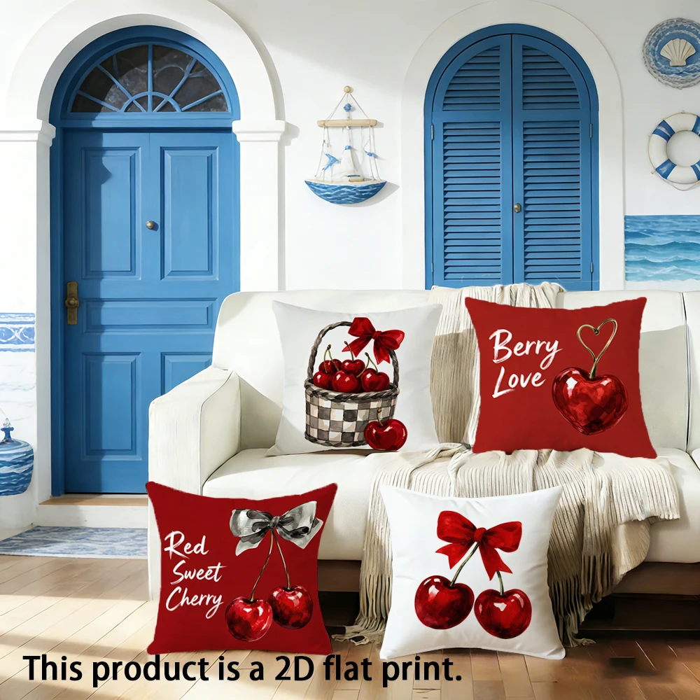 1pc Cherry Print Throw Pillow Covers, Romantic Berry Love Decorative Square Cushion Cases for Home Sofa Bedroom