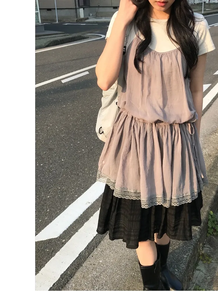 Korean Style Lace Fairy Dress Women's Summer Fashion Age Reduction Layering Waist Cinching Drawstring Strapless Gown