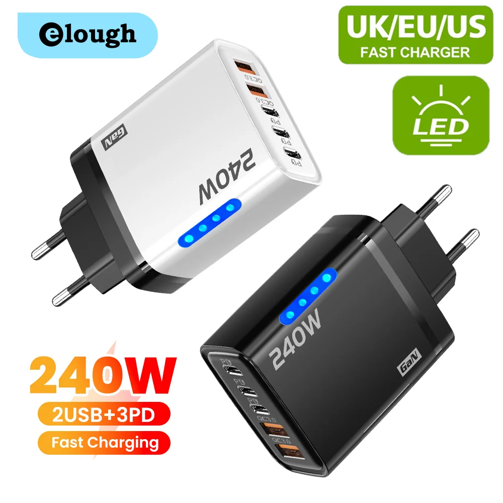 240 واط 5 منافذ 2USB + 3 نوع C شحن سريع LED شاحن الهاتف المحمول لشاومي هواوي آيفون سامسونج USB C الولايات المتحدة/الاتحاد الأوروبي مهايئ شاحن