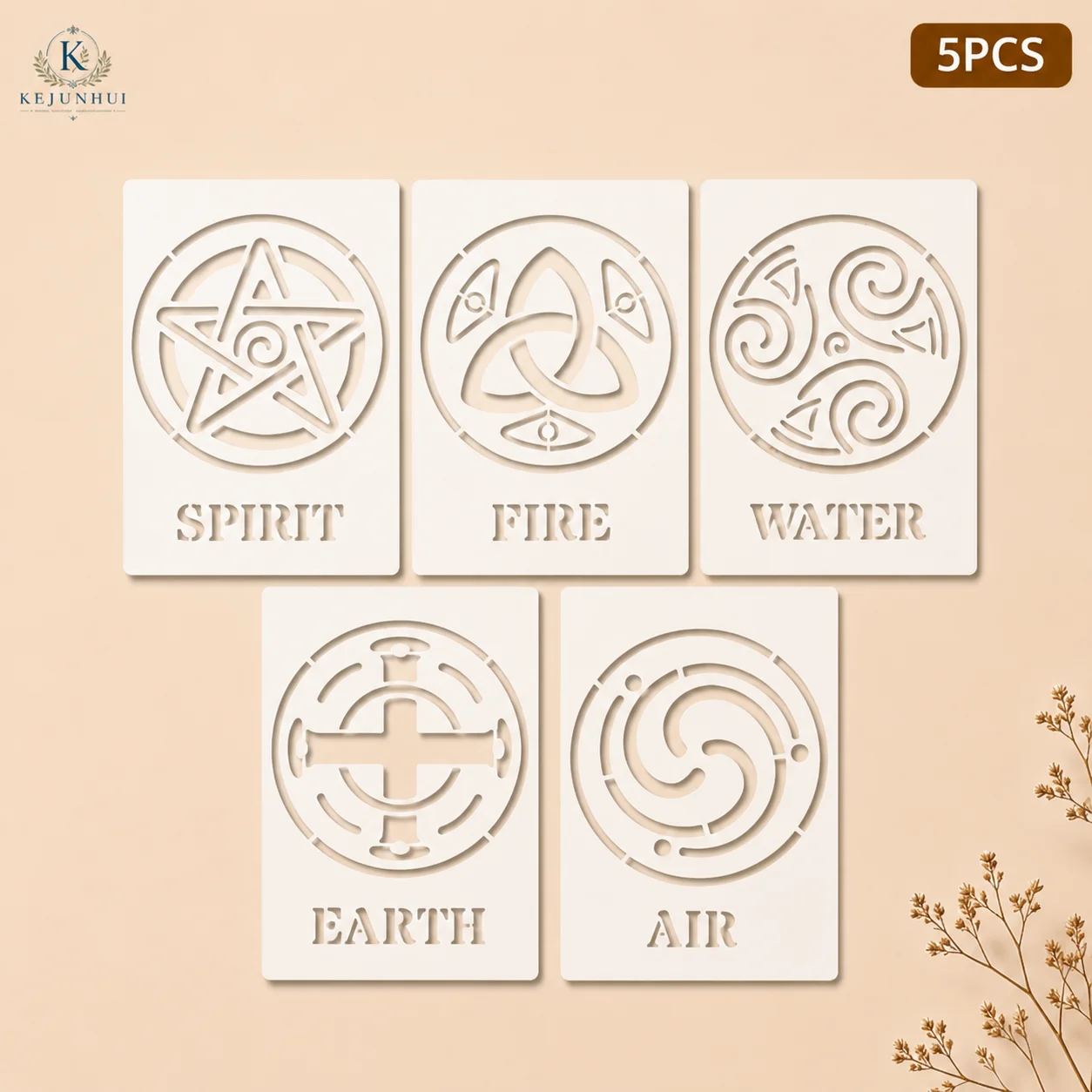 

5Pcs A5 5.8x8.2in Five Elements Stencils Reusable PET Stencils for Painting Spirit Fire Water Earth Air Wall Wood Fabric Decor