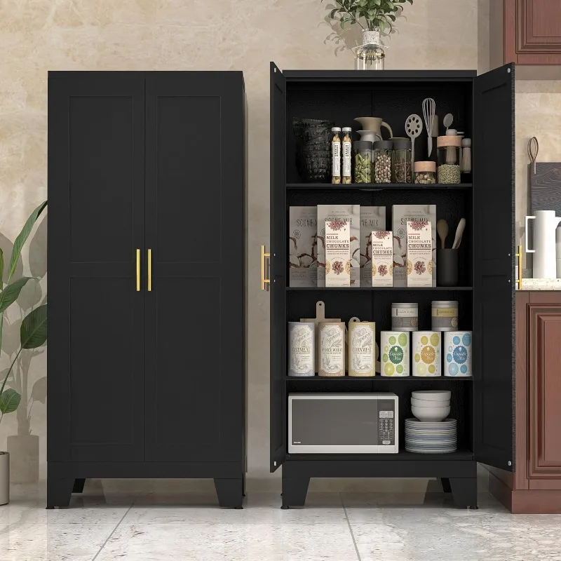 Balck Metal Kitchen Storage Cabinet, Kitchen Pantry Storage Cabinet with Doors and Shelves for Kitchen, Living Room