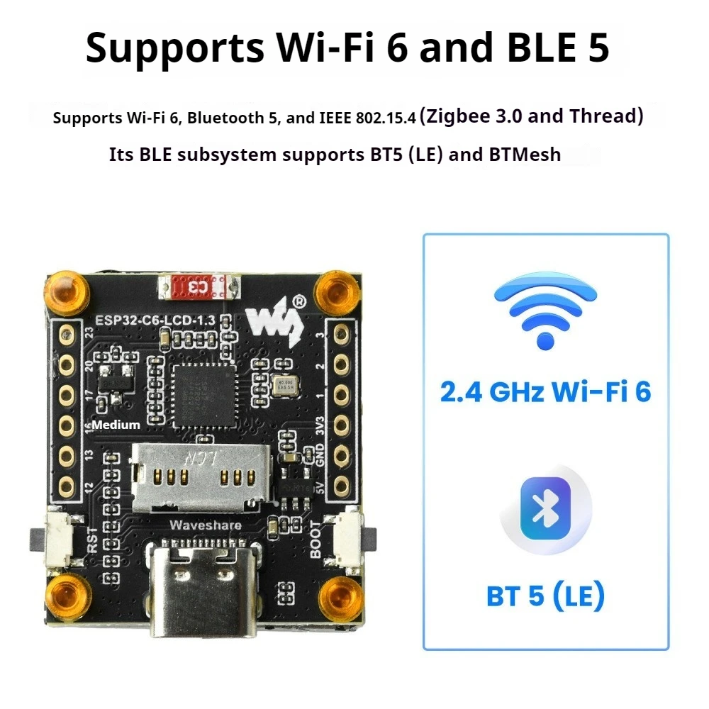 

ESP32-C6 Development Board 1.3" 240x240 IPS LCD ST7789 WIFI6 BLE5 RISC-V 32-bit Single Core QMI8658 6-Axis IMU Type-C Smart Home