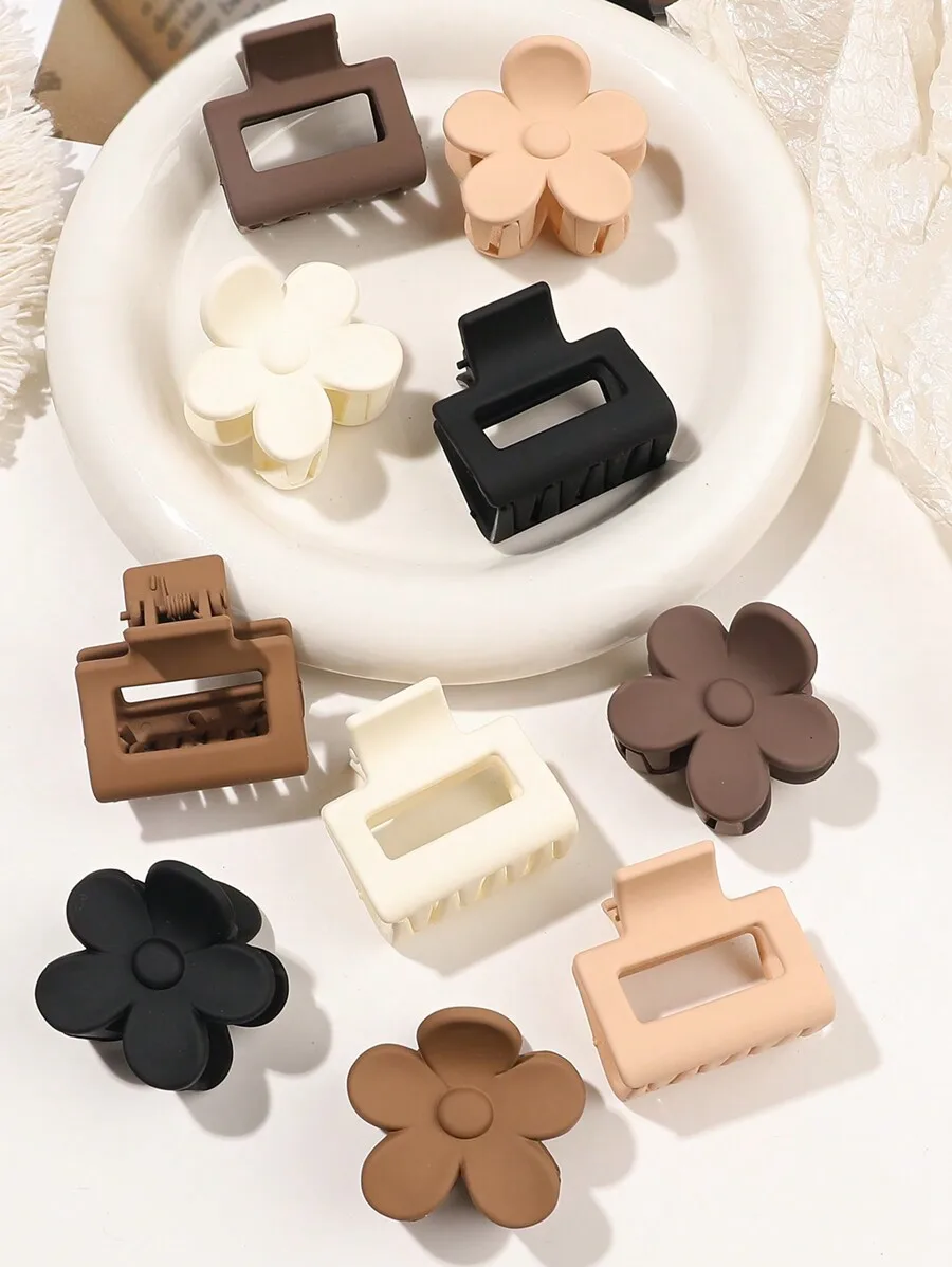 

10pcs Matte Solid Color Flower & Square Hair Clips For Women Casual Hair Accessories