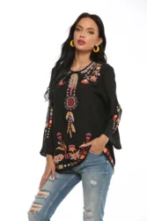 Eaeovni Embroidery Blouses Shirt Women Cotton Boho Mexican Shirt Long Sleeve Shirt Shirts  Summer Plus Size  Shirts For Women